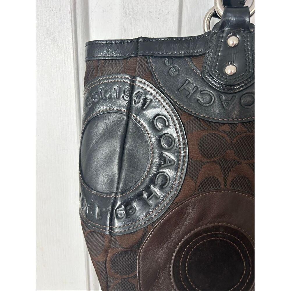 COACH Circle Patchwork East West Tote Black Brown F15466 Shoulder Handbag Purse - Picture 2 of 10